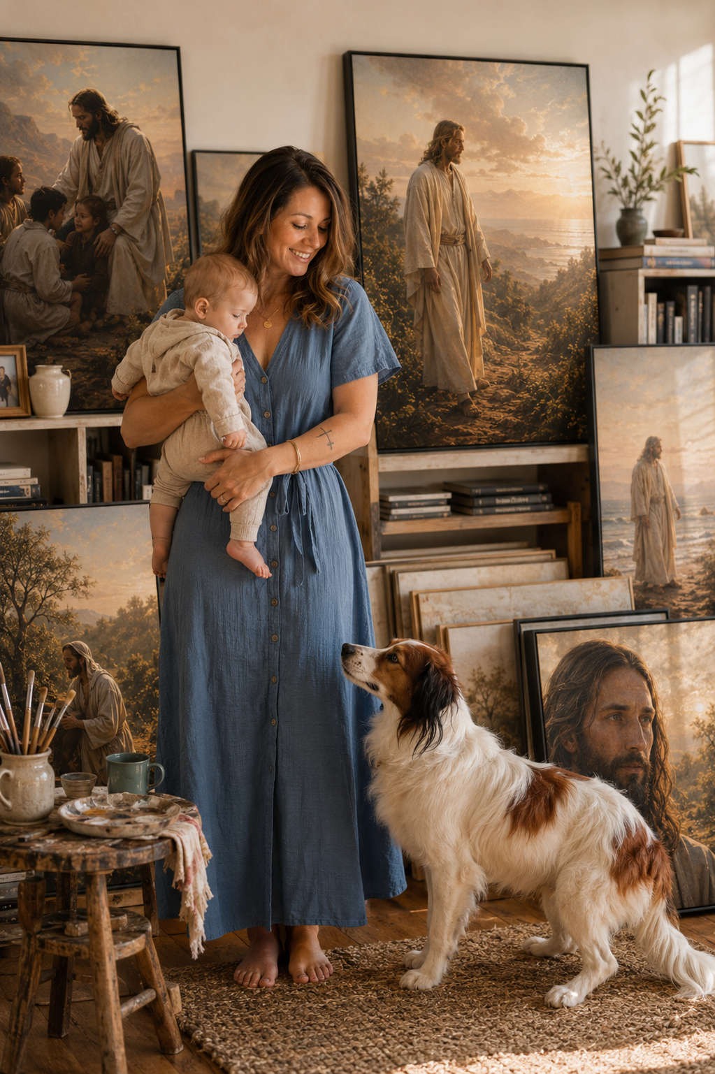 Everglory Art founder holding her child in a studio surrounded by Christian artwork